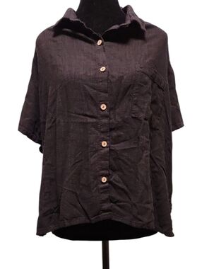 Ambiance - Black Short-Sleeve Button Front Linen Top